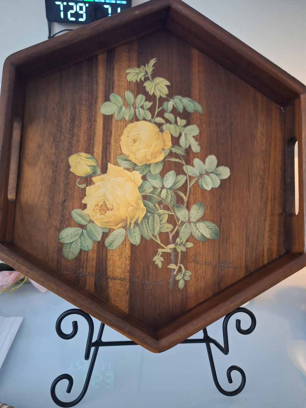Hand Crafted Brown Wood Tray with Yellow Rose Decal